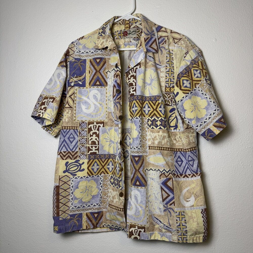 Vintage Hilo Hattie Hawaiian Shirt Block Print Floral Sea Turtle Coconut Button